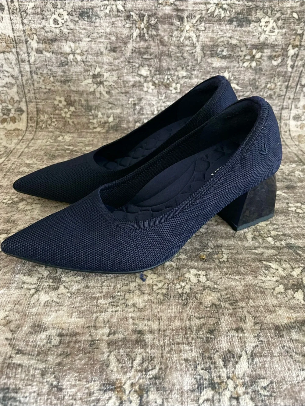 VIVAIA Pointed Toe Chunky Block Heel Pumps Aria Melody Navy Blue